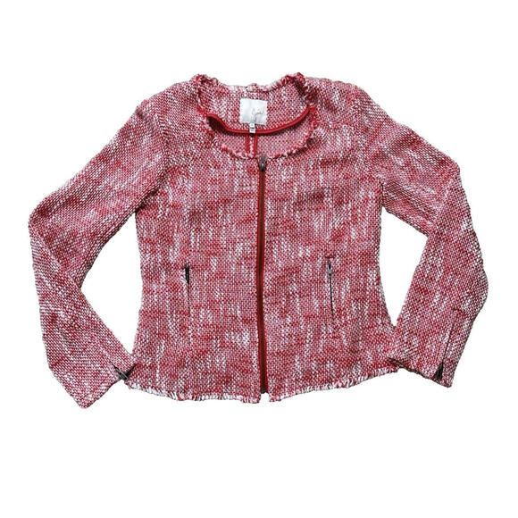 Joie Collis Tweed Twill Fringe Blazer Jacket Womens M Fitted Full Zip Red Cotton - Picture 2 of 9